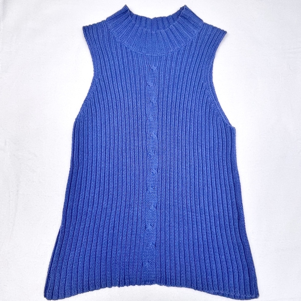 Y2K 90s Bagatelle Blue Sleeveless Sweater Ribbed/Cable Knit Mock Neck Large